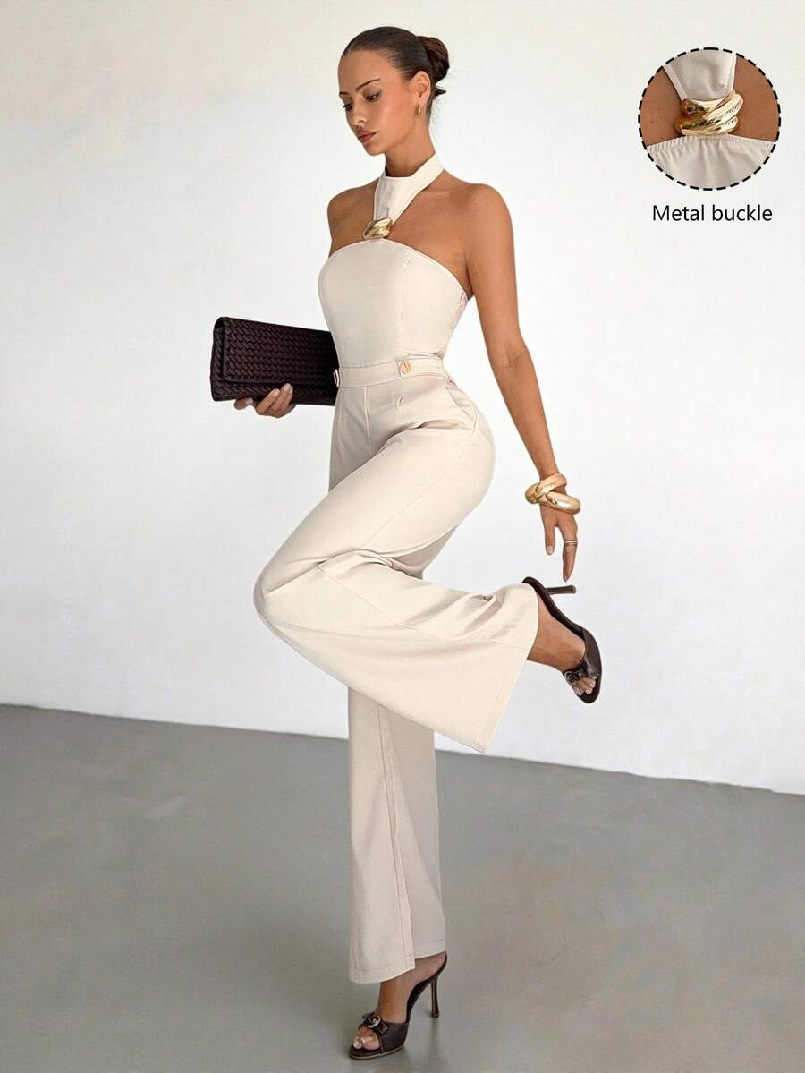 Siren Gaze 女士纯色露背吊带连体裤，优雅时尚，适合教师返校季穿着 - 杏色 - 查看 1