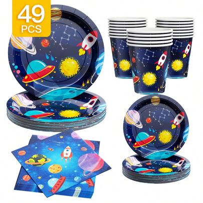 Rocket Astronaut Disposable Plates, Napkins And Cups Set, Serves 8 Guests.This Disposable Party Set (Including Plates, Napkins And Cups) Is Perfect For Birthday Parties, Weddings And Family Picnics.