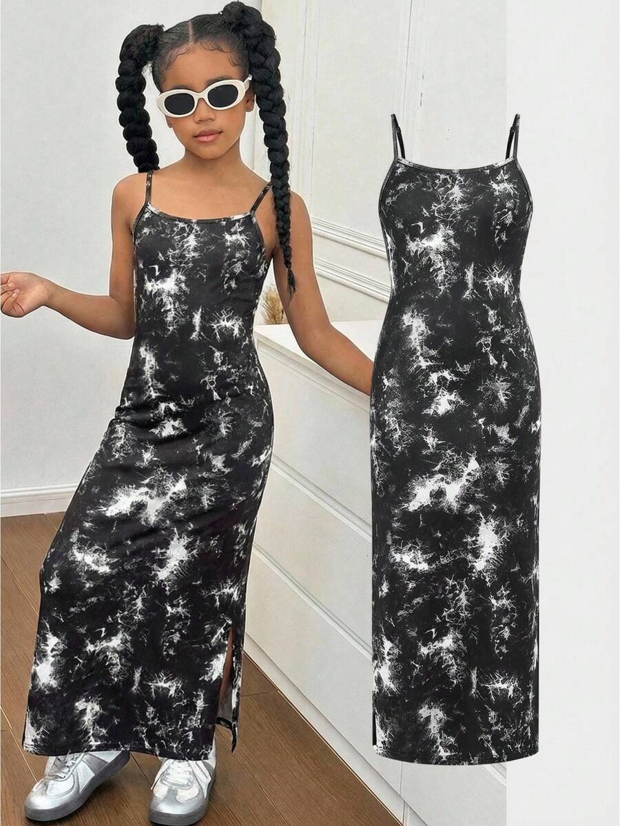 Tween Girls' Casual Street Style Minimalist Full-Width Black & White Tie-Dye Splash Ink Pattern Slip Dress, Suitable For Summer, Vacation, Holiday - Black and White - View 1