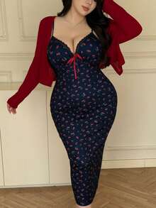 Vibekara 大码女式春夏长袖针织开衫+吊带花卉蝴蝶结腰带樱桃水果印花优雅复古可爱甜美休闲度假裹身裙两件套 - 藏蓝色 - 查看 3