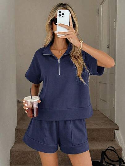 Easowa 2pcs/Set Women Casual Loose Zip-Up Polo Collar Top T-Shirt T-Shirt And Pocket Shorts Outfit 2 Pieces Short Sets Woman Comfy Two Pieces Set Blue 2 Pieces Set Women Women's Short Sets