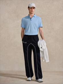 Courvante 男士休閒日常辦公通勤撞色滾邊短袖 Polo 衫，純色淺藍，夏季男士米色上衣圖案學院風高爾夫 - 淺藍色 - 查看 6