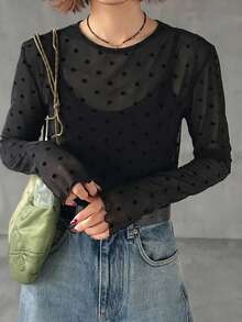 FRIFUL 女士波点印花网纱长袖休闲衬衫 - 黑色 - 查看 3