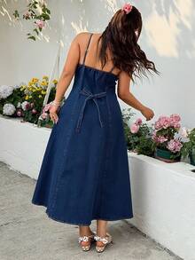 GalTyme 大码夏季休闲露背吊带牛仔连衣裙 - 藍色 - 查看 4