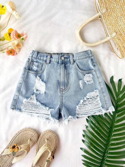 SHEIN Tween Girl Y2K Spring Summer Break Retro Vintage Washed Low Waist Ripped Raw Hem Baggy Denim Shorts, Summer Boho Beach Concert Rave Festival, Summer Cute Shorts, Summer Holidays,Spring,Beach For Girl, Vacation Casual Girl, Valentine Day,Suitable For Spring And Summer,Season Vintage/Beach/Sea/Elegant Graduation,Casual,Summer Holiday,Spring,Beach
