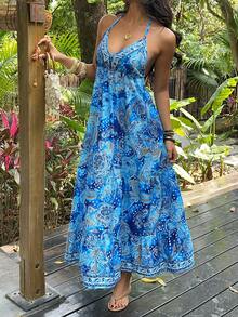 Sunnyshic 波西米亚度假系列时尚露背性感沙滩经典蓝色花卉印花夏季百搭新款女装 - 藍色 - 查看 6