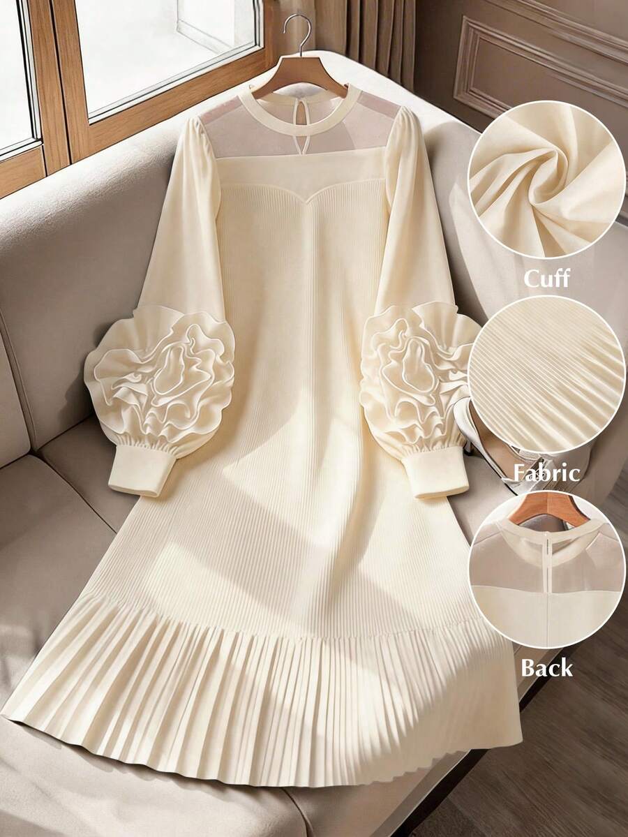 GlowEve CURVE 大码女式碎花圆领休闲度假约会外出长袖连衣裙 - 杏色 - 查看 1