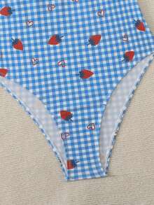 Swim Mod Women's Plaid & Strawberry Print Tie Front One-Piece Swimsuit - Multicolor - View 4