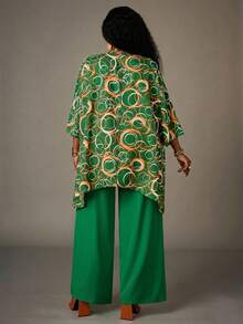 EMERY ROSE Plus Size Fashion Commuter All-Over Print Batwing Sleeve Top And Pants 2 Pieces Set Summer Outfits Summer Clothes Spring Dress Spring Outfit Women Spring Clothing Beach Vacation Outfits For Women  Women's Summer Set - Green - View 2