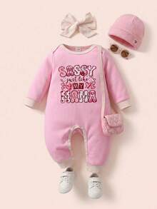 SHEIN Barboteuse à manches longues imprimée avec col rond minimaliste et blocs de couleursing à la mode pour bébé fille, avec un bandeau nœud mignon. Printemps/Automne - Rose bonbon - Voir 8