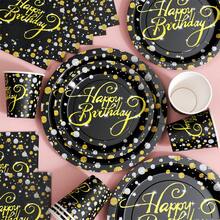 Bộ đồ dùng dùng một lần màu đen bóng, gồm đĩa, khăn ăn và cốc, in chữ "Chúc mừng sinh nhật", phục vụ 20 người. Bộ đồ dùng tiệc dùng một lần này (bao gồm đĩa, khăn ăn và cốc) rất phù hợp cho các bữa tiệc sinh nhật, đám cưới và dã ngoại gia đình. - Xem 3