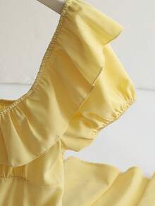 Franclia 法式时尚方领黄色连衣裙，短袖收腰优雅连衣裙，女士夏季连衣裙 - 淡黃色 - 查看 8