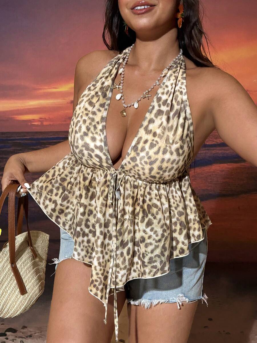 SHEIN EZwear 大码女式豹纹深V领系带露背上衣 - 彩色 - 查看 1