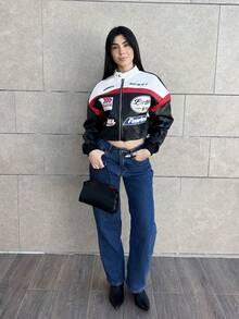 Hitanina Women's Letter Pattern Color Block Short PU Leather Jacket, Motorcycle/Racing/Pilot Jacket, Versatile Outerwear For Autumn/Winter,Fall,Fall Clothes For Women - Black - View 1