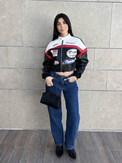 Hitanina Chaqueta corta de piel sintética con bloque de color y patrón de letras para mujer, chaqueta de motocicleta/carreras/piloto, prenda exterior versátil para otoño/invierno