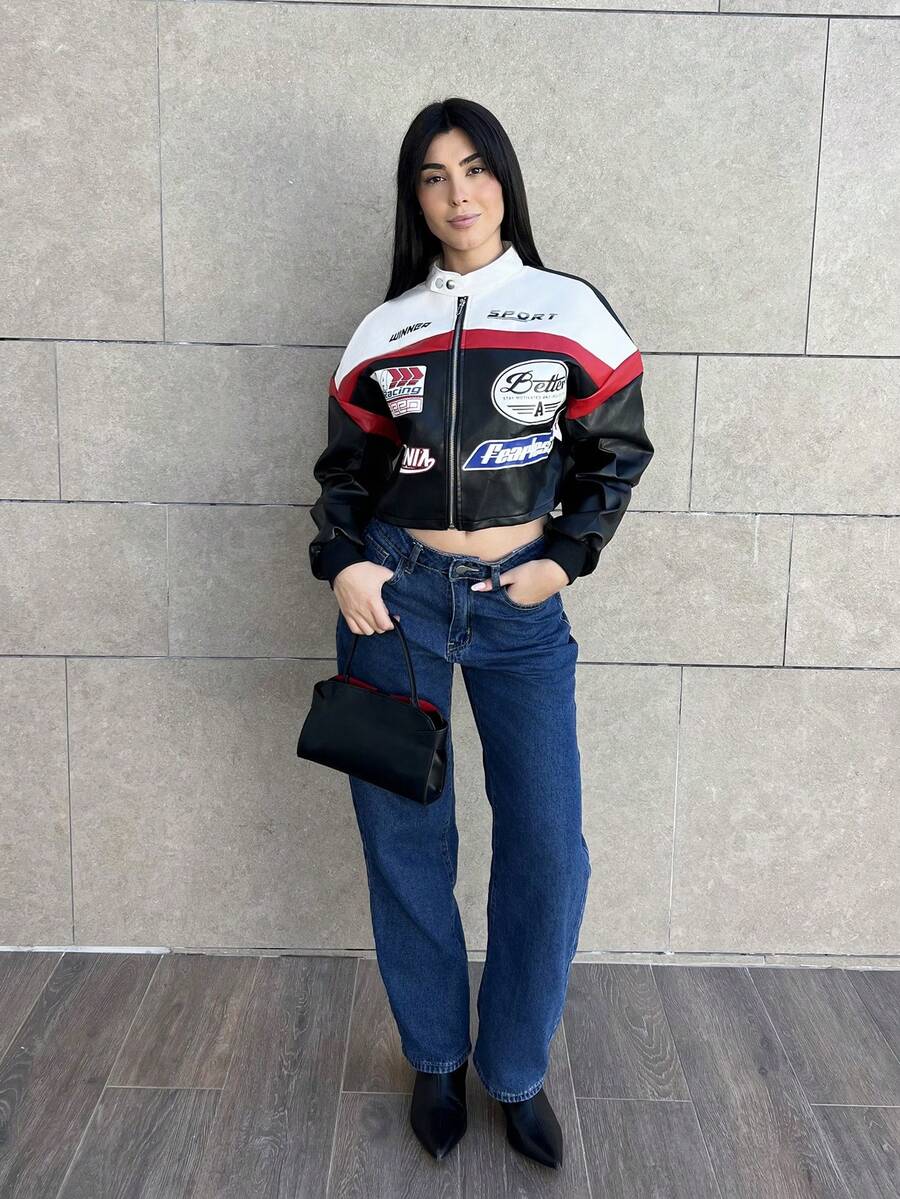 Hitanina Women's Letter Pattern Color Block Short PU Leather Jacket, Motorcycle/Racing/Pilot Jacket, Versatile Outerwear For Autumn/Winter,Fall,Fall Clothes For Women - Black - View 1