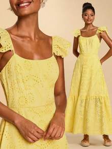Travachic Vestido de manga corta con bordado hueco y estilo romántico para vacaciones, adecuado para verano, vestidos de verano, atuendos de verano, vestidos de verano para mujer, atuendos de playa para mujer, vestido amarillo, vestidos elegantes para mujer, vestido largo elegante - Amarillo - Ver 1