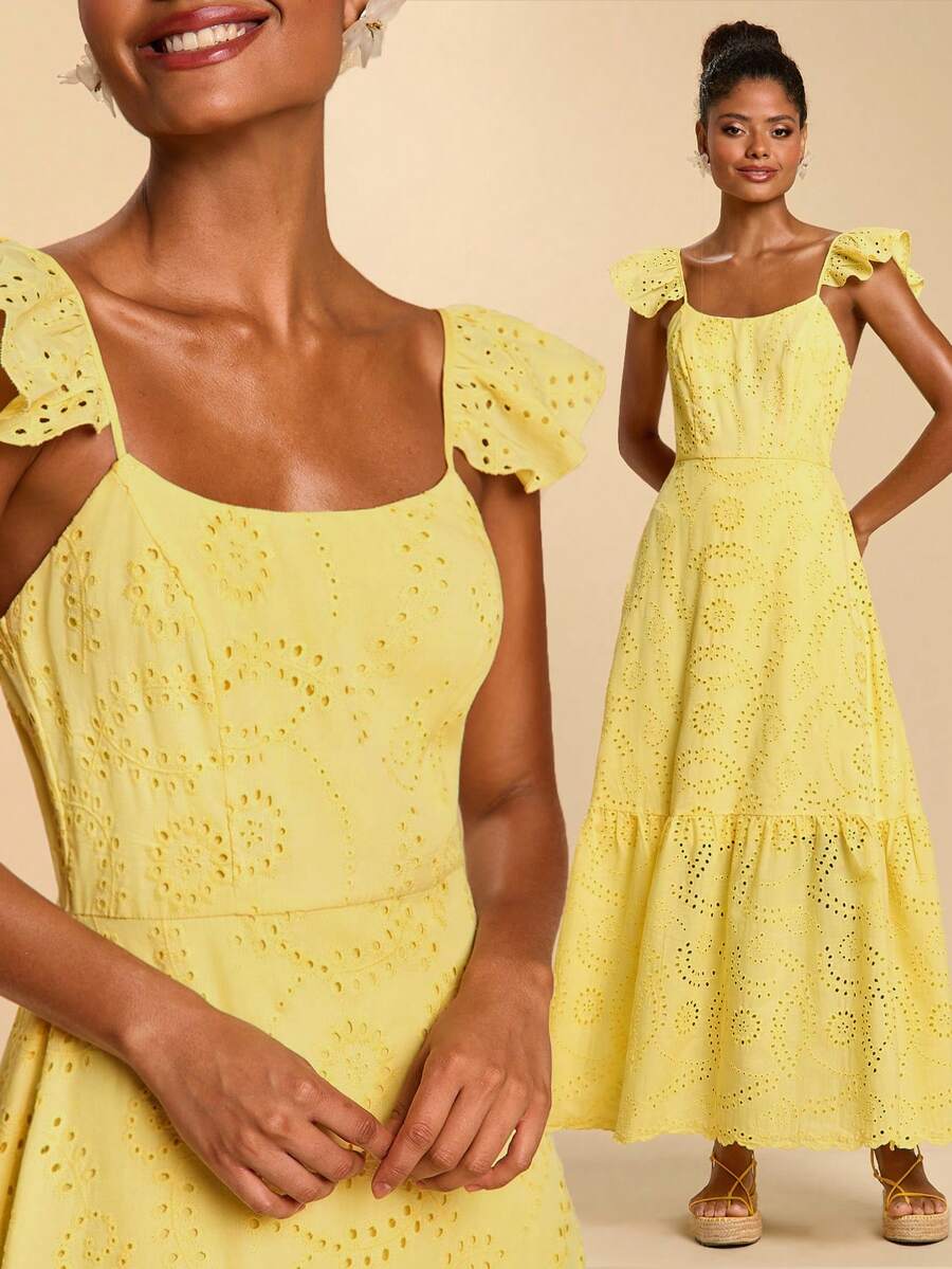 Travachic Vestido de manga corta con bordado hueco y estilo romántico para vacaciones, adecuado para verano, vestidos de verano, atuendos de verano, vestidos de verano para mujer, atuendos de playa para mujer, vestido amarillo, vestidos elegantes para mujer, vestido largo elegante - Amarillo - Ver 1