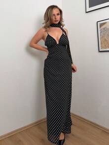 Jeta Ari 女士优雅性感波尔卡圆点印花露背吊带连衣裙 - 黑色 - 查看 1