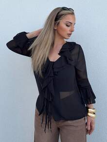 Jeta Ari Elegant French Chiffon Lantern Sleeve V-Neck Tie Front Loose Casual Blouse For Women, Autumn - Black - View 4