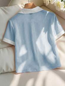 Franclia 女士优雅粉色雪纺褶皱白色领宽松短袖衬衫 - 藍色 - 查看 2