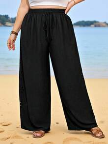 SHEIN CURVE+ Calça Casual Sólida Oca para Mulheres Tamanho Curvilíneo EUA22, Férias na Praia, Boêmia, Primavera e Verão, Preta Casual Preta - Preto - Visão 5