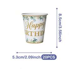 Bộ chén đĩa, khăn ăn và cốc dùng một lần họa tiết lá và viền vàng mừng sinh nhật, phục vụ 20 người. Bộ đồ dùng tiệc dùng một lần này (bao gồm đĩa, khăn ăn và cốc) rất phù hợp cho các bữa tiệc sinh nhật, đám cưới và dã ngoại gia đình. - Xem 9