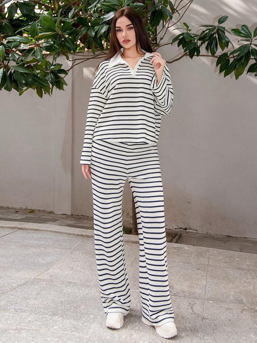 Bris Aura 女士 2 件套宽松条纹 V 领落肩长袖 T 恤和松紧腰条纹裤，冬季毛衣套装，秋冬 - 黑與白 - 查看 1