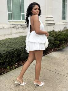 Alexandranx Robe mini élégante à col ras-du-cou jaune clair pour femmes, robes blanches pour femmes pour soirée - Blanc - Voir 5