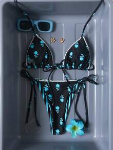 Swim Mod Set Bikini Halter Motif Bunga untuk Liburan Pantai Kasual Wanita, 2 Potong - MultiWarna - View 5
