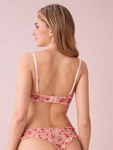 Bonmuse 2 件套女士性感内衣：粉色牡丹印花网眼褶皱钢圈性感文胸搭配褶皱丁字裤性感内裤，可爱 - 粉色 - 查看 2