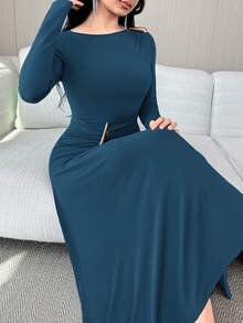 Modelyn 女士优雅金属装饰中长连衣裙，秋季 - 水鴨藍 - 查看 6