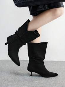 CUCCOO CHICEST Women's Pointed Toe Pleated Fashion Daily Wear Slim Heel Mid-Calf Boots Valentine's Day - Black - View 6