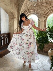 Lyrianda New Summer Fashion Elegant Cinched Waist Ditsy Floral Long Sleeve Dress - White - View 3