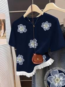 SHEIN 女士休闲圆领拼接短袖上衣 - 寶藍色 - 查看 1