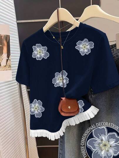 Resyla 女士休闲圆领拼接短袖上衣