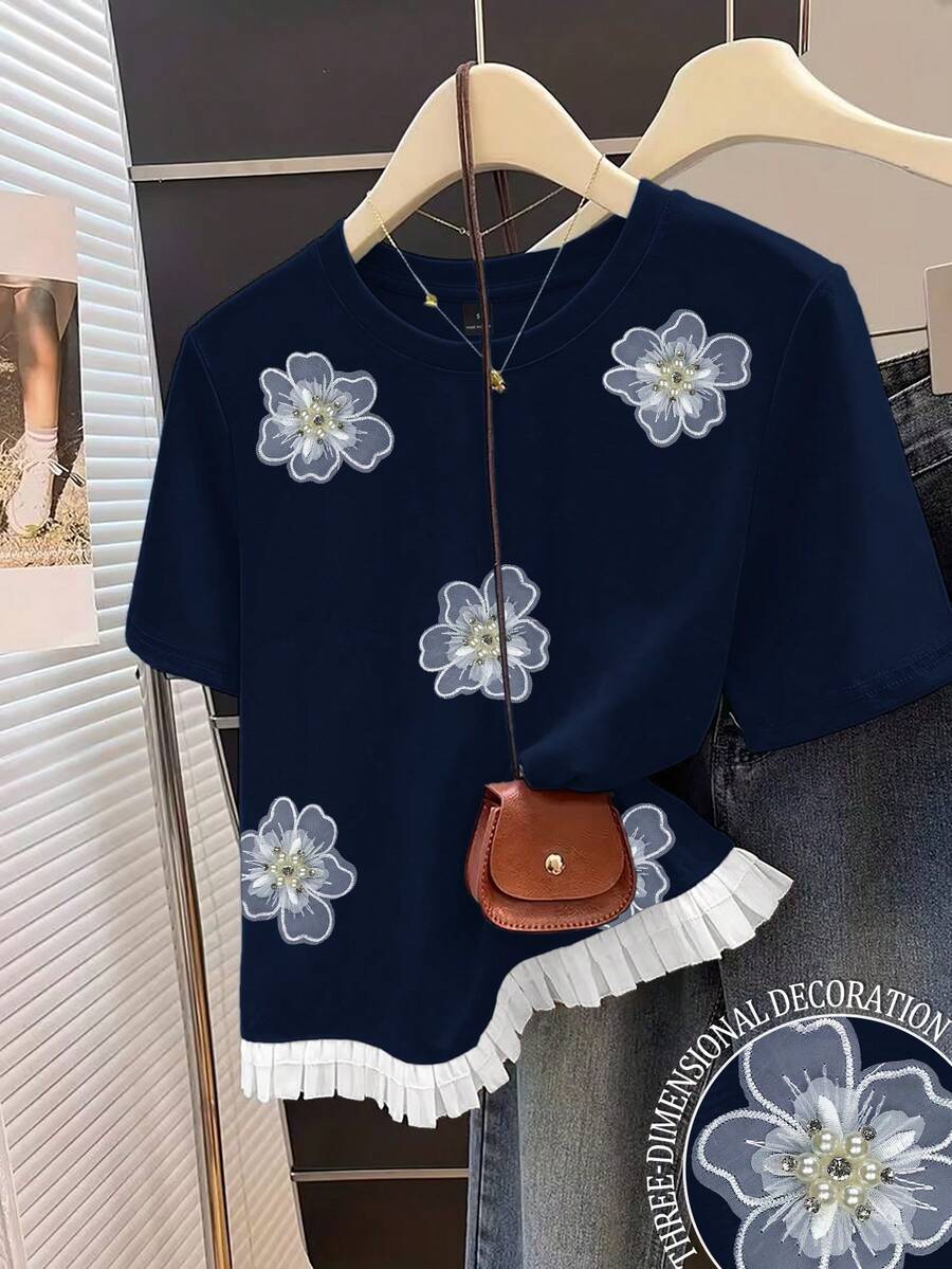 SHEIN 女士休闲圆领拼接短袖上衣 - 寶藍色 - 查看 1