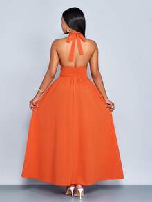 SOLERSUN Đầm dài hở lưng chữ A xếp ly cổ chữ V lãng mạn màu cam thanh lịch cho kỳ nghỉ bãi biển mùa xuân hè Hawaii dành cho phụ nữ - Màu Cam cháy - Xem 2