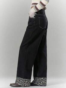 EURMUSE Quần jean ống rộng cạp cao họa tiết da báo Petite - màu đen - Xem 3
