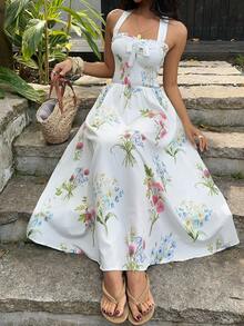 Sunnyshic Spring & Summer Ruched Floral Vacation Style Spaghetti Strap Bustier Dress, Botanical Print Lace Bow Tie Waist Slimming Dress - White - View 5
