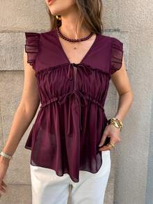 Solivie 女士紫色荷叶边袖衬衫，优雅度假休闲衬衫，荷叶边紫色上衣，女士紫色衬衫，李子色上衣，深紫色上衣，女士休闲装扮，流行穿搭，女士上衣和衬衫，女士夏季穿搭，女士夏季上衣，荷叶边袖衬衫，居家办公穿搭，系带上衣，职业衬衫，女士衬衫，女士夏季衬衫，女士休闲优雅上衣，女士最新款上衣，女士休闲夏季穿搭，女士夏季上衣，女士优雅夏季休闲上衣 - 紫色 - 查看 6