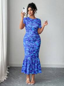 Elenzga June Release Plus Size Women Floral Print Elastic Knit Dress, Round Neck Short Sleeve Fitted Dress - Blue - View 5