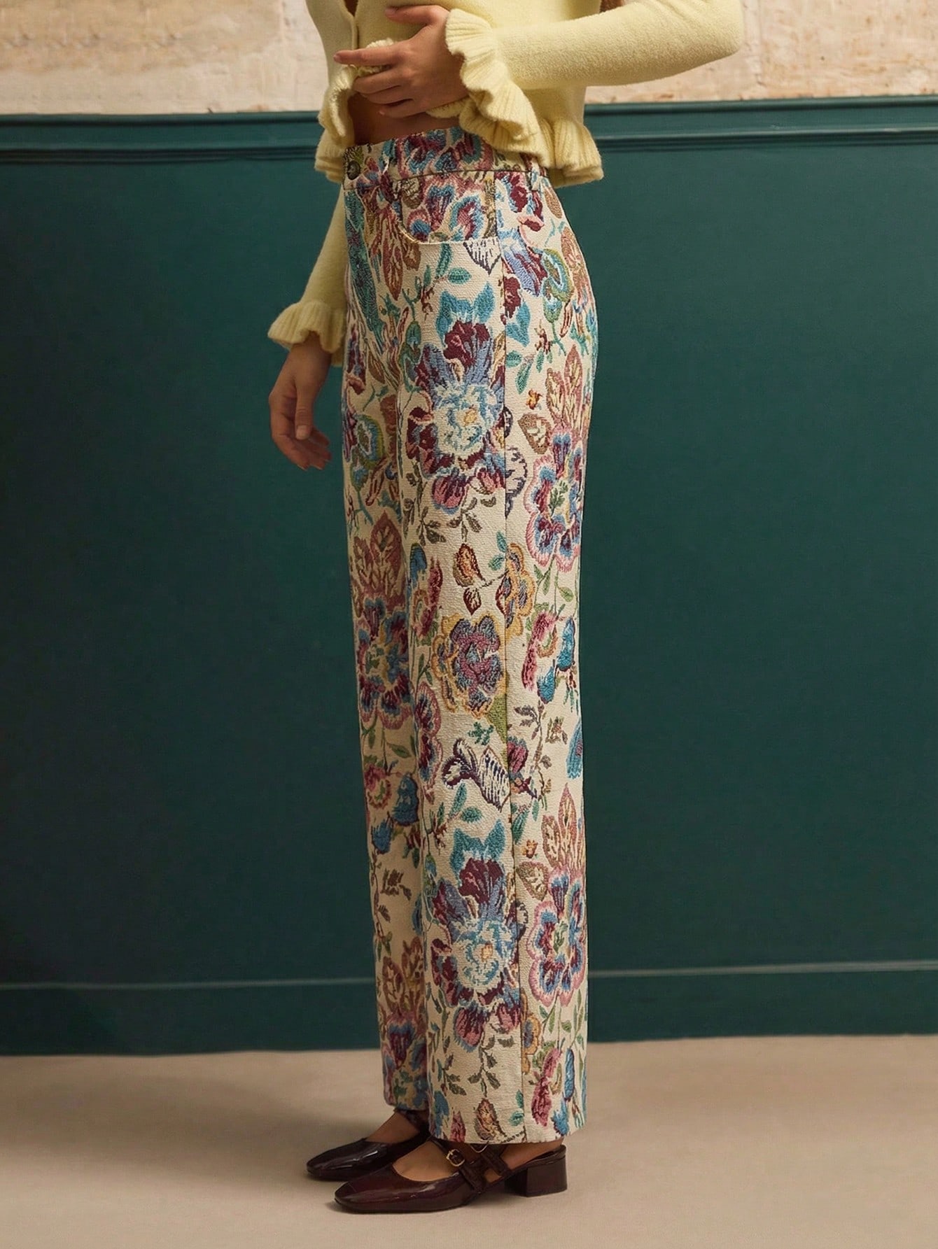 Vintage Style Floral Jacquard High Waisted Wide Leg Trousers Spring Summer Going Out