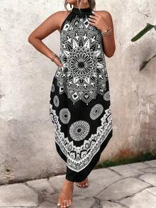Breezaya Plus Size Women's Spring/Summer Black & White Retro Print Loose Casual Fashion Halter Maxi Dress, Stand Collar, Asymmetric Hem, Commute & Daily Wear - Multicolor - View 1