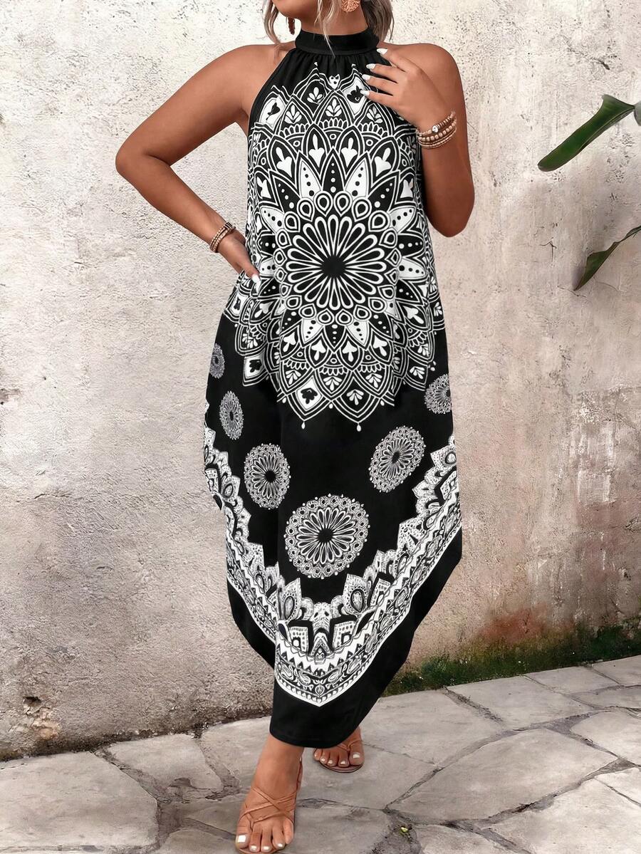 Breezaya Plus Size Women's Spring/Summer Black & White Retro Print Loose Casual Fashion Halter Maxi Dress, Stand Collar, Asymmetric Hem, Commute & Daily Wear - Multicolor - View 1