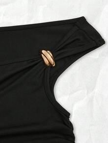 Pariaura 女士黑色短袖不对称肩部金属扣双层下摆收腰休闲度假日常约会迷你连衣裙，春夏黑色迷你连衣裙荷叶边连衣裙黑色连衣裙褶边连衣裙女士黑色连衣裙女士迷你连衣裙黑色荷叶边连衣裙黑色连衣裙生日单肩夏季连衣裙性感度假连衣裙黑色度假连衣裙黑色单肩连衣裙女士单肩连衣裙黑色夏季连衣裙可爱黑色连衣裙女士休闲连衣裙荷叶边下摆连衣裙 - 黑色 - 查看 5