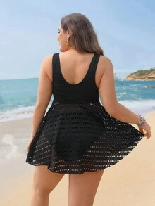 Swim Lushoire Plus Size Women's Perforated Special Fabric Starfish Metal Accent Swimsuit Dress - Black - View 2