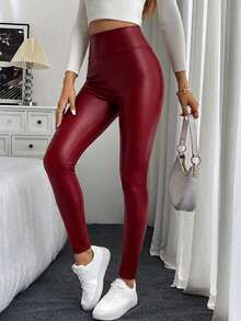 SHEIN Cottnline Wideband Waist Skinny Pants - Red - View 5