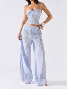 LYSMO 2026 New Arrive Minimalism Spring/Summer Women Striped Cropped Halter Top And Wide Leg Pants Casual 2 Pieces Set Two Piece Pant Set Summer Pant Set Striped Two Piece Set Striped Pant Set Summer 2 Piece Sets Woman - Blue - View 4