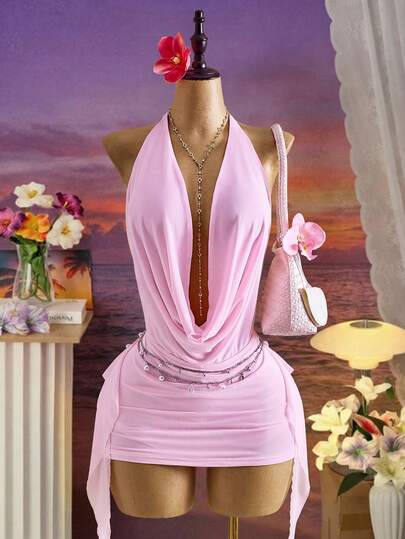 Femesol Nuevo vestido mini de mujer de moda primavera/verano sexy con escote halter y lazo - Diseño de escote pronunciado - Espalda abierta con lazo - Bajo con volantes - Para resort - Playa - Vestido rosa